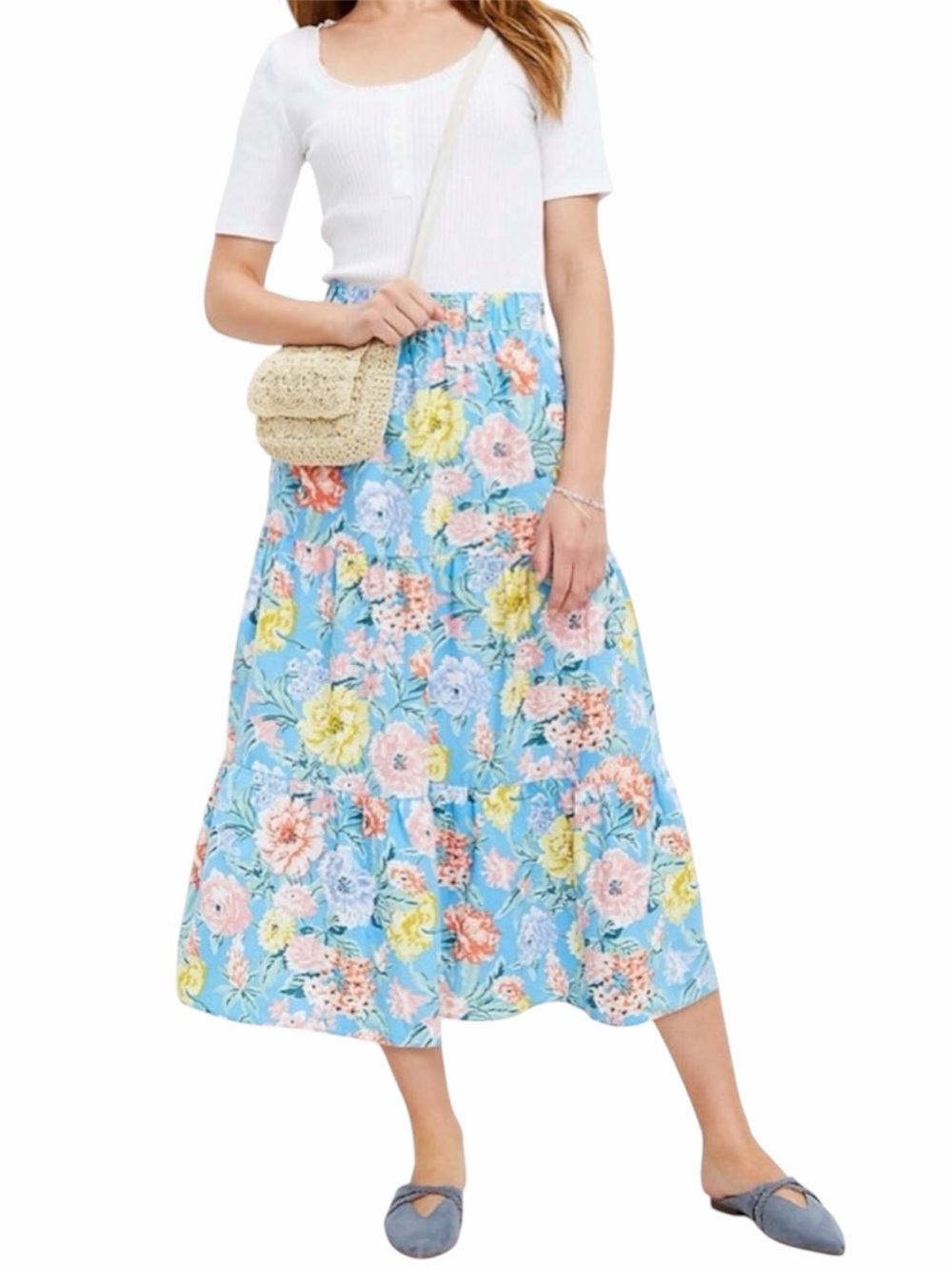 LOFT Floral Tiered Pull-On Midi Skirt Blue Linen Blend Women’s Medium